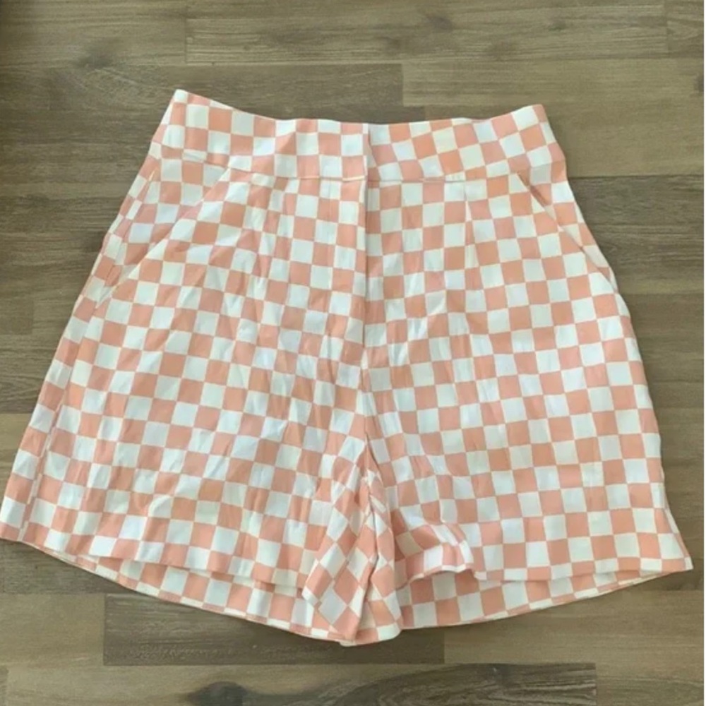 WAYF Peach White Checkerboard High-Waist Shorts Linen Blend Nordstrom